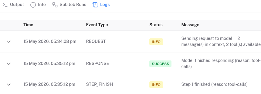 Karyam run logs view showing execution steps, statuses, and messages.