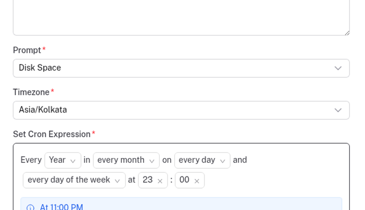 Karyam schedule builder showing cron-style workflow timing and timezone controls.