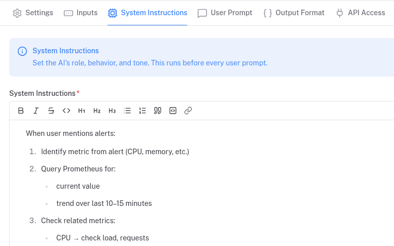 Karyam system instructions editor with configurable tabs and structured instructions.
